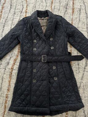 Burberry Brit Navy Quilted Double Breasted Trench Coat Belted Jacket XS